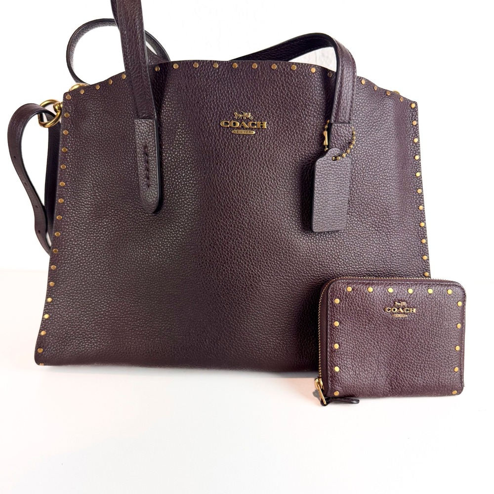 Coach Pebbled Leather Studded Tote Bag and Wallet Set Oxblood Burgundy Gold